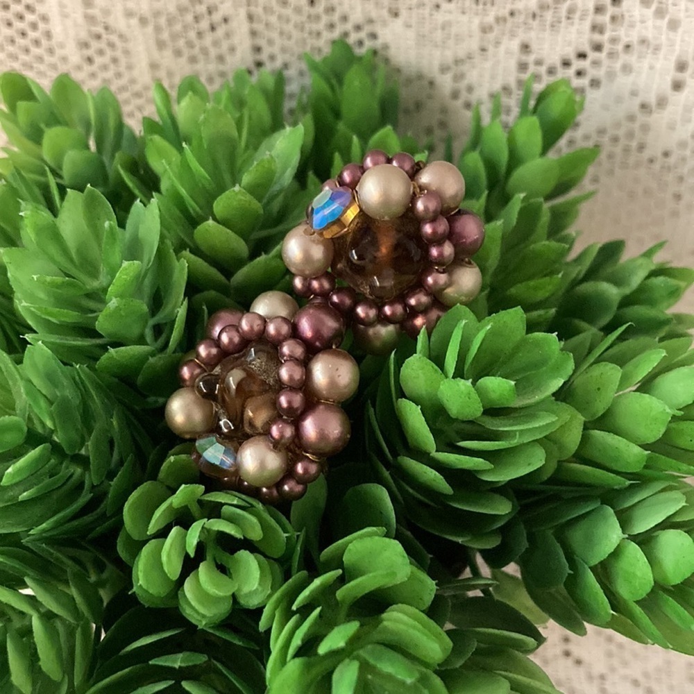 Vintage Shades of Purple Faux Pearls and Glass Cluster Clip Earrings 60’s